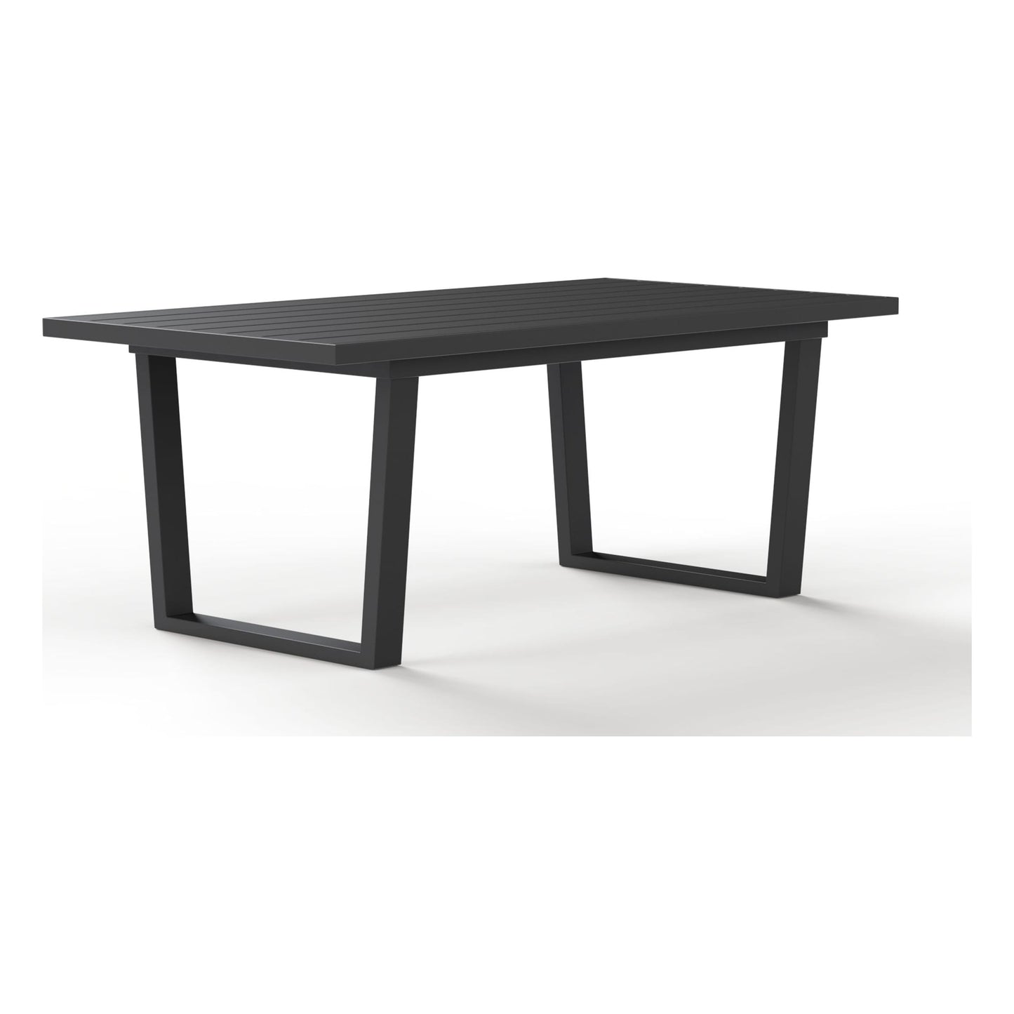 Angled view of the Monarch slatted aluminum dining table