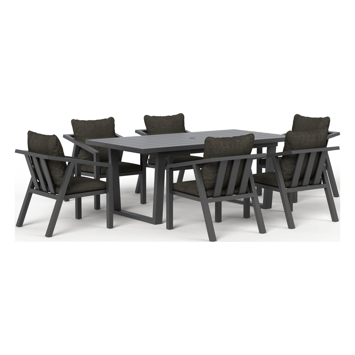 Monarch seven-piece outdoor dining set in Carbon, front three-quarter view