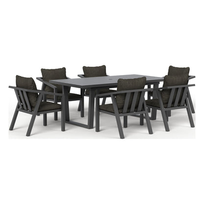 Monarch seven-piece outdoor dining set in Carbon, front three-quarter view
