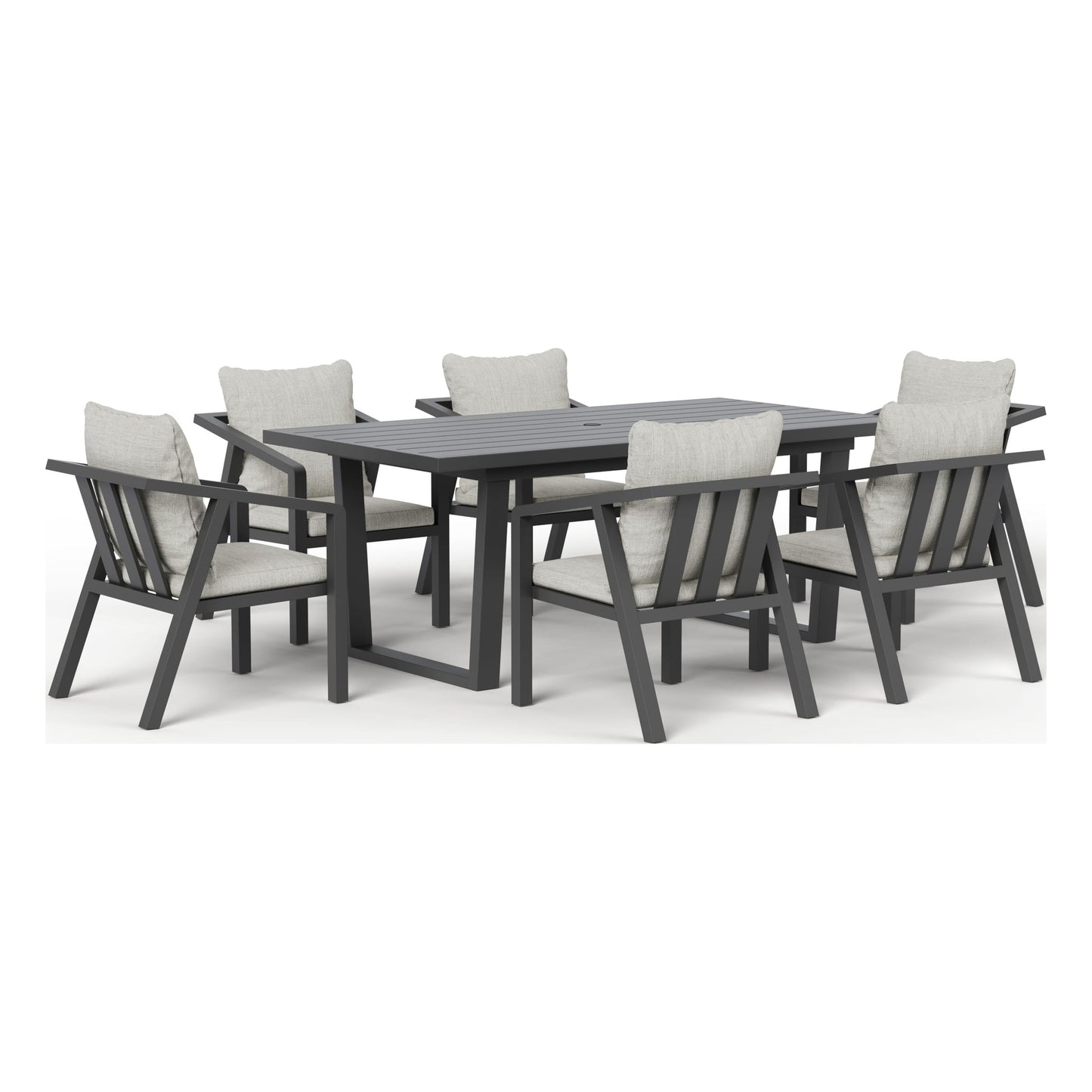 Monarch seven-piece outdoor dining set in Granite, front three-quarter view