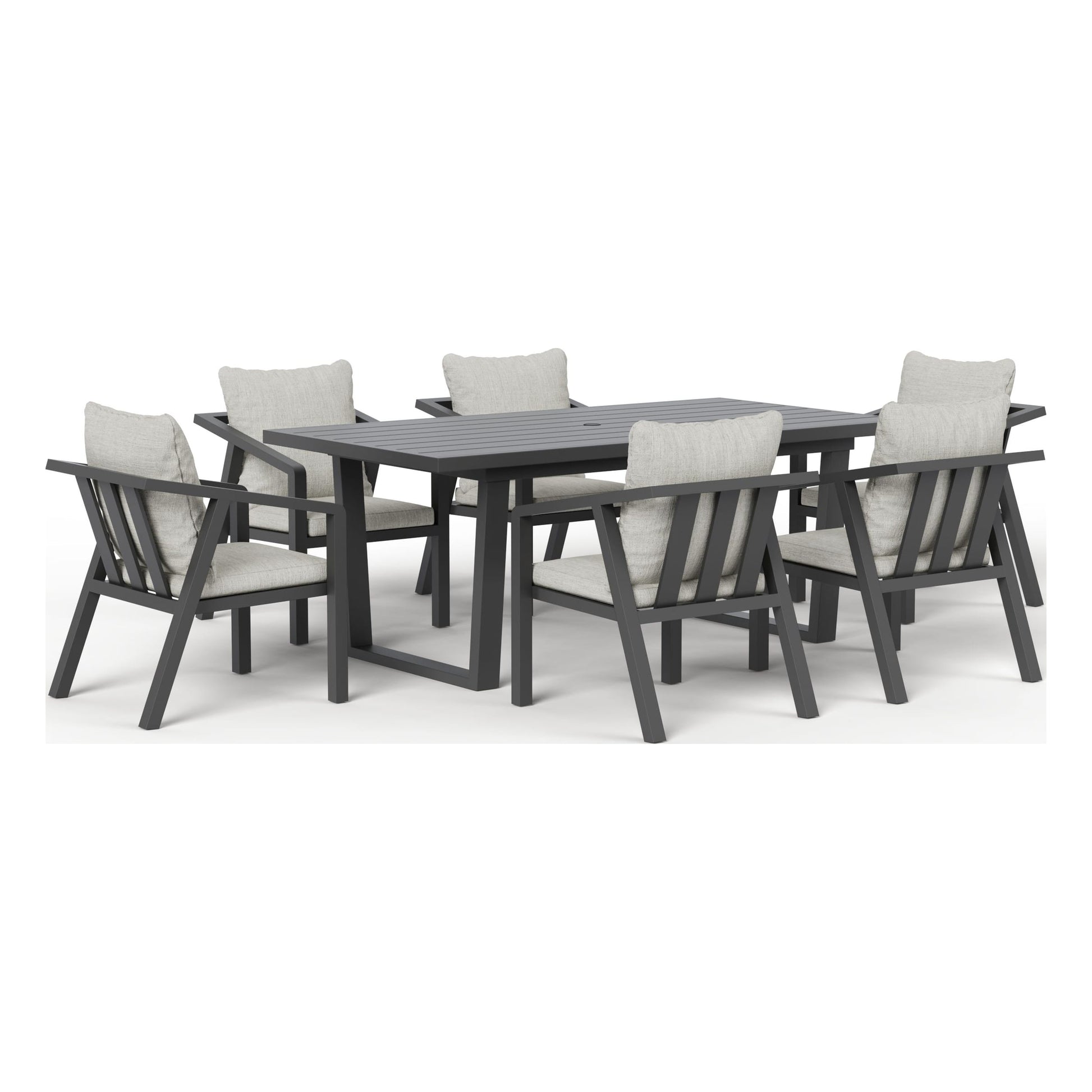 Monarch seven-piece outdoor dining set in Granite, front three-quarter view
