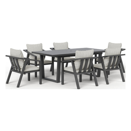 Monarch seven-piece outdoor dining set in Granite, front three-quarter view