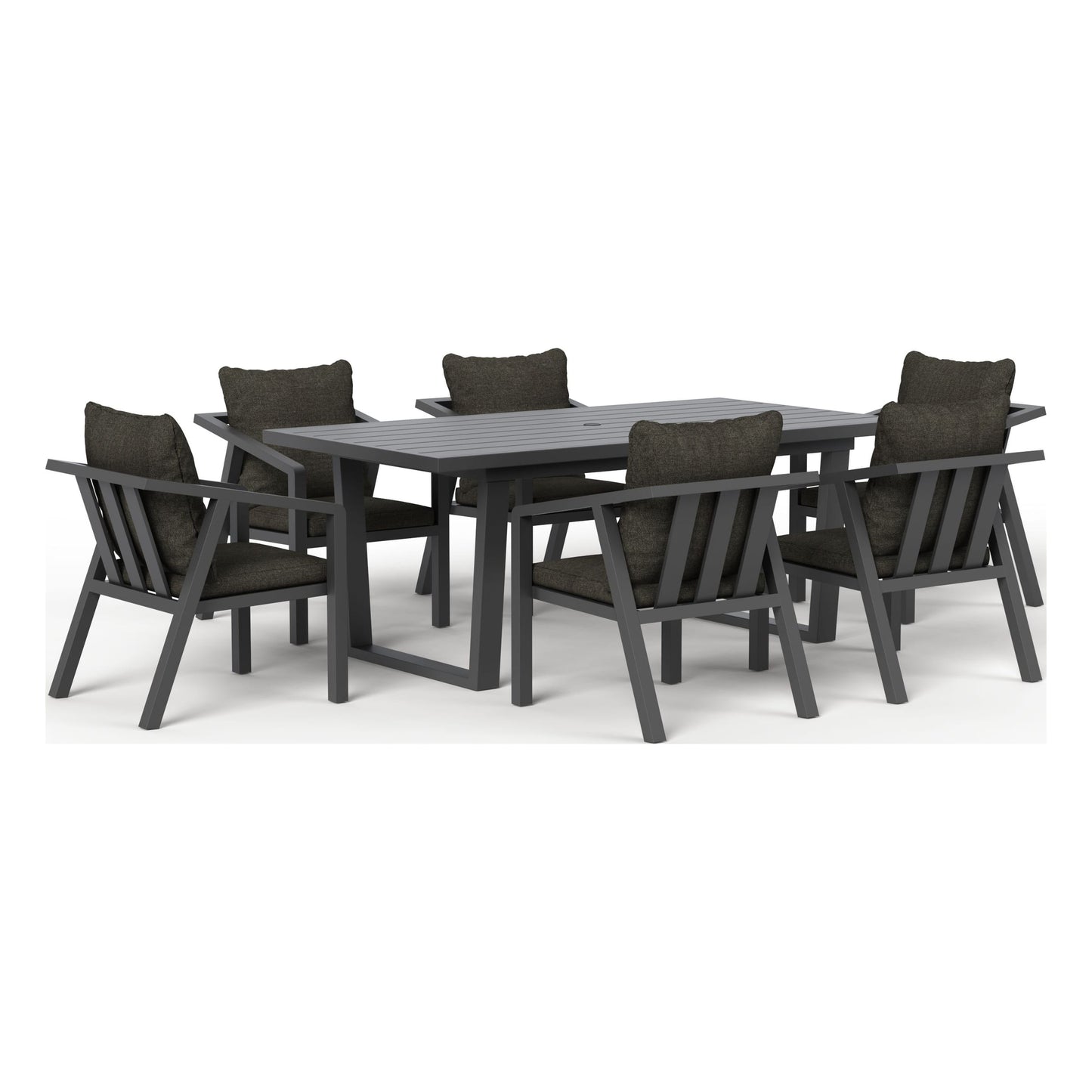 Monarch seven-piece outdoor dining set in Carbon, angled view