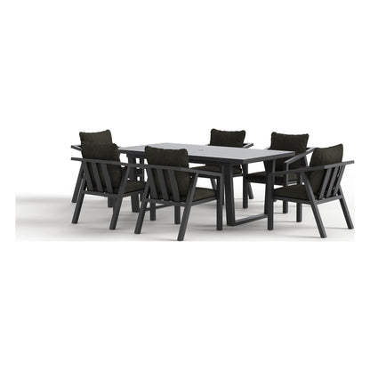 Monarch seven-piece outdoor dining set in Carbon, rear three-quarter view
