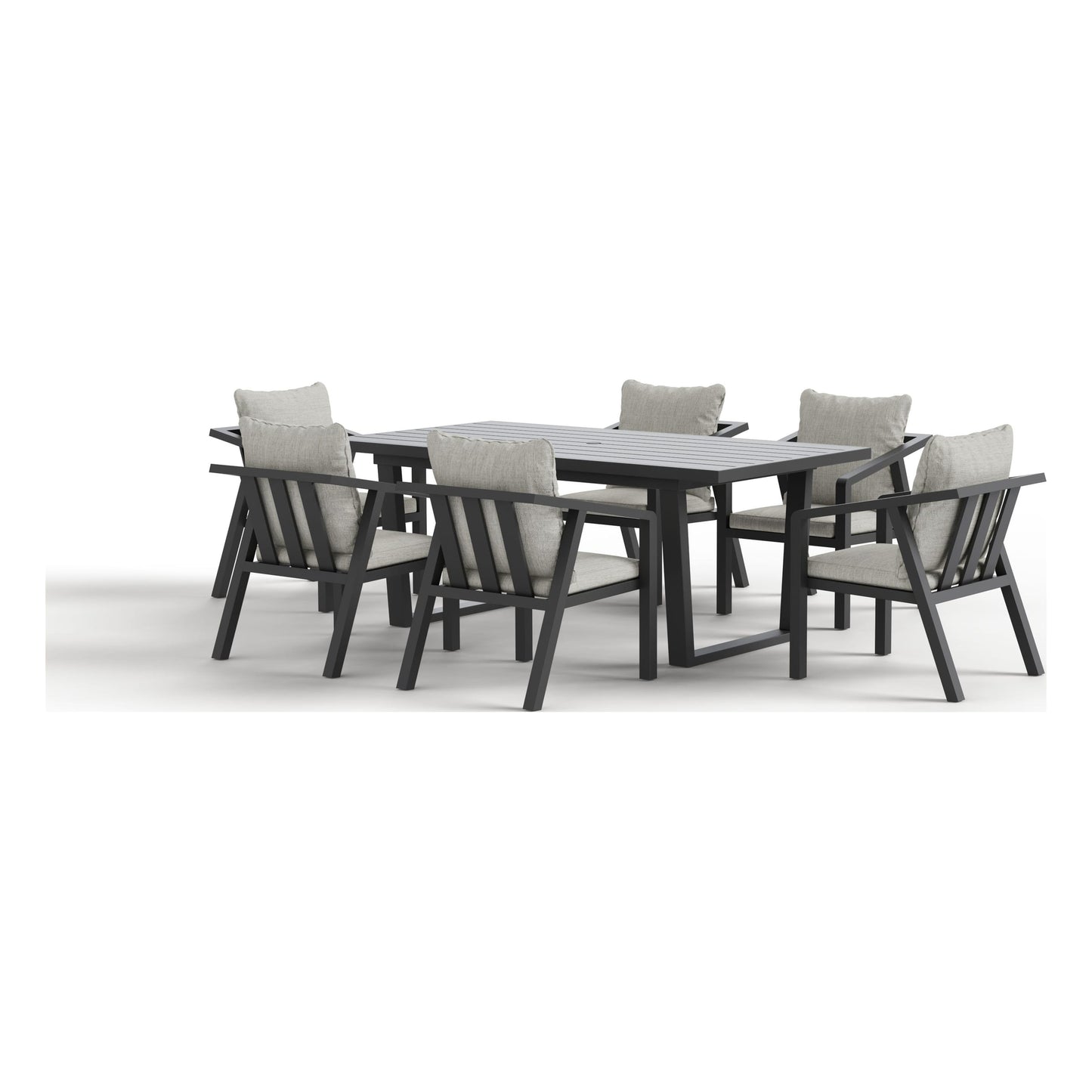 Rear three-quarter view of the Monarch seven-piece outdoor dining set in Granite