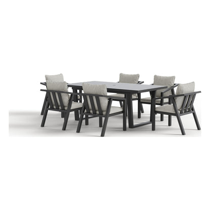 Rear three-quarter view of the Monarch seven-piece outdoor dining set in Granite