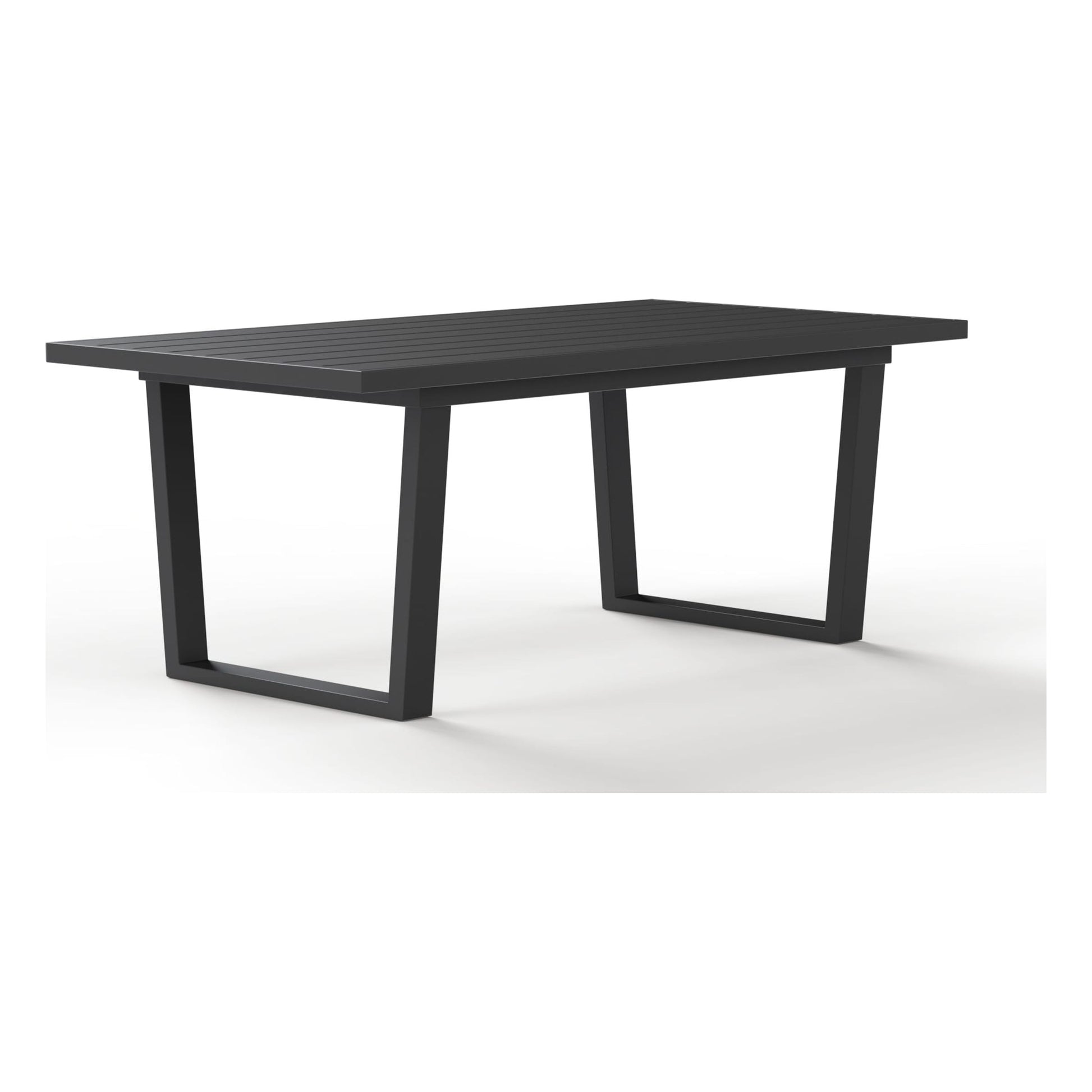 Angled view of the Monarch slatted aluminum outdoor dining table