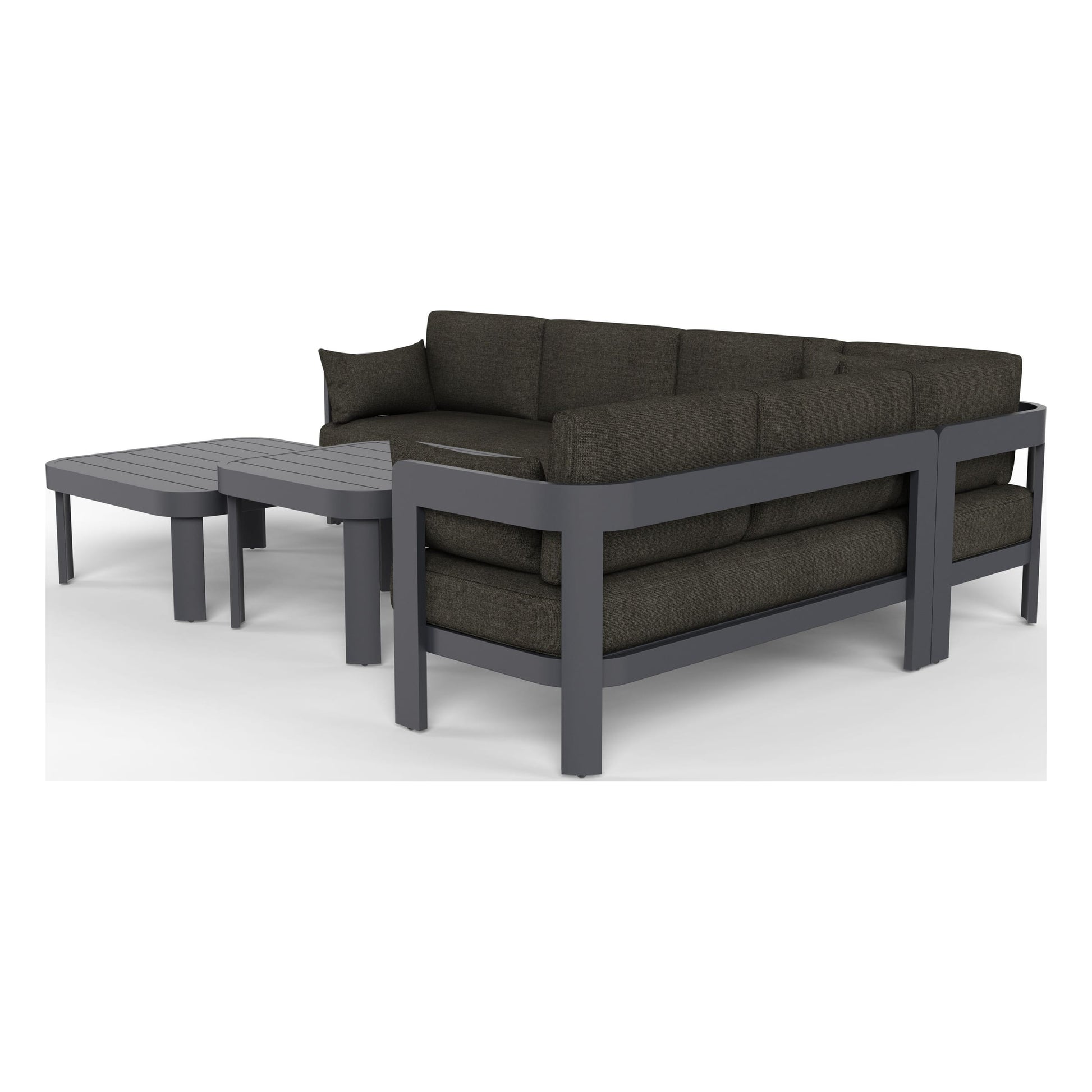Aspen six-piece outdoor sectional in Carbon, rear three-quarter view