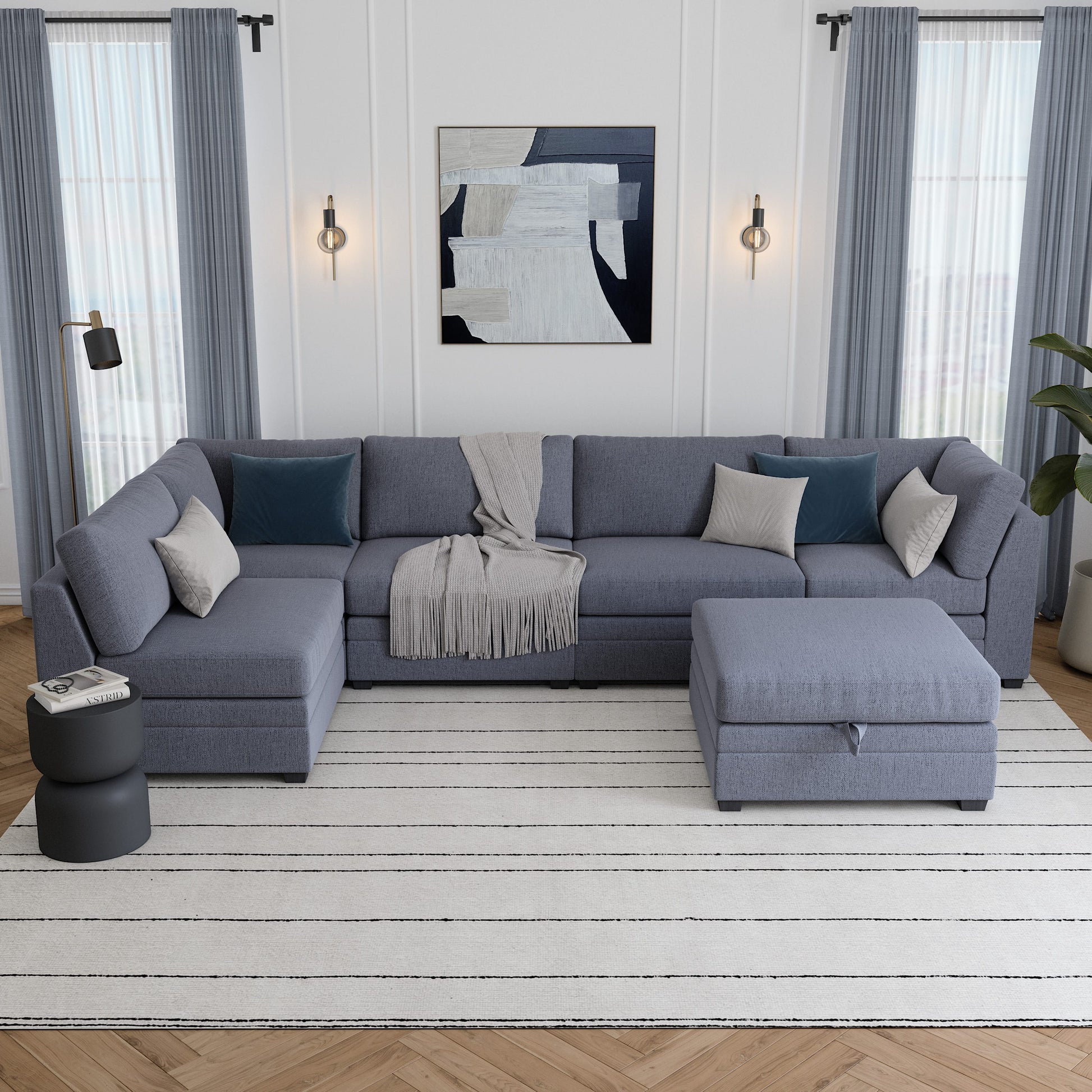 Ember 6-Piece Modular Fabric Sectional Sofa with Storage Ottoman