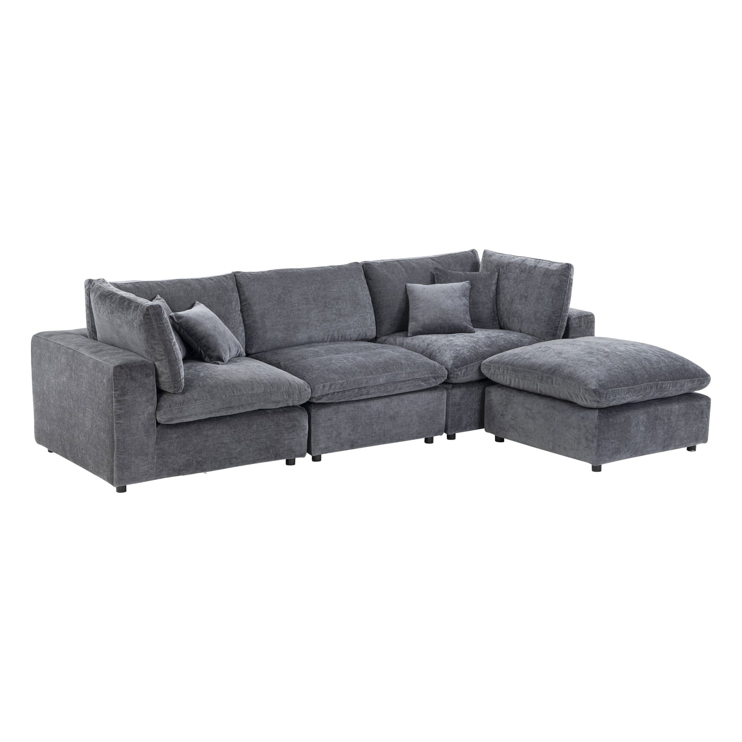 Alvora 4-Piece Modular Sectional with Ottoman in Dark Grey, angled arrangement