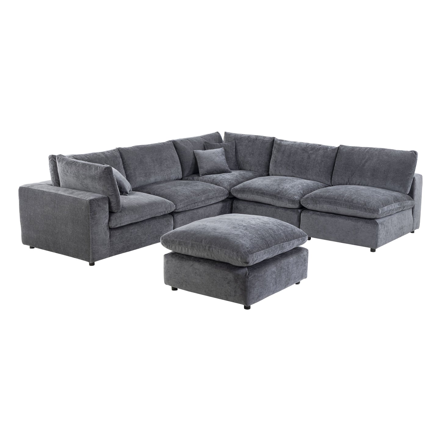 Alvora 6-Piece Modular Sectional with 2 Corner Chairs, 3 Armless Chairs, and Ottoman in Dark Grey