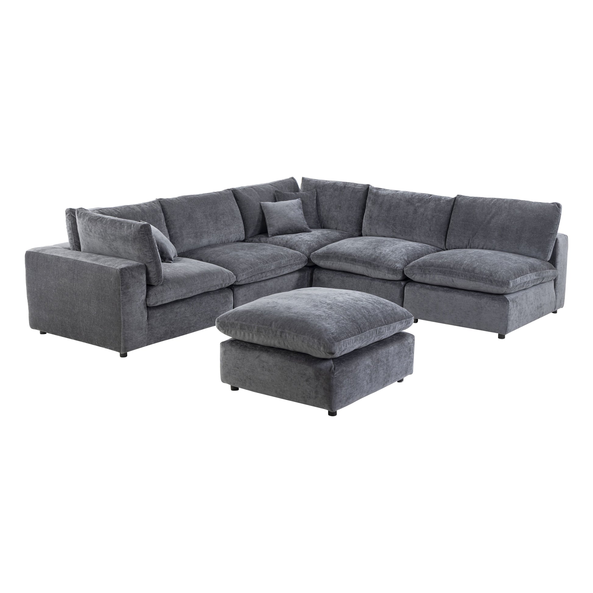 Alvora 6-Piece Modular Sectional with 2 Corner Chairs, 3 Armless Chairs, and Ottoman in Dark Grey