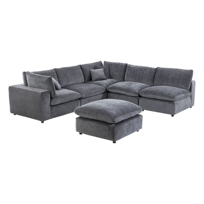 Alvora 6-Piece Modular Sectional with 2 Corner Chairs, 3 Armless Chairs, and Ottoman in Dark Grey