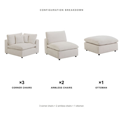 Configuration breakdown for the Alvora 6-Piece Sectional: 3 Corner Chairs, 2 Armless Chairs, and 1 Ottoman in Ivory
